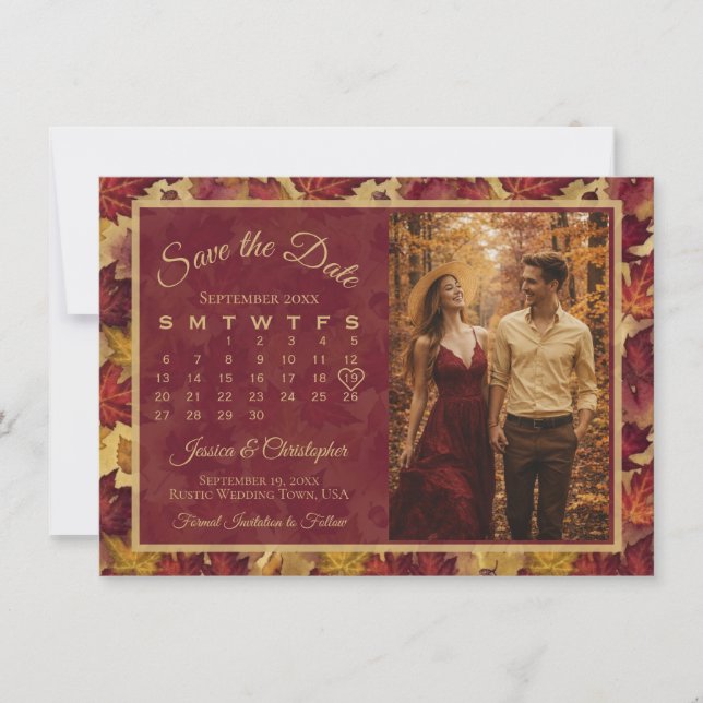 Reserve A Data Autumn Leaves Burgundy Calendar & Photo Wedding (Frente)