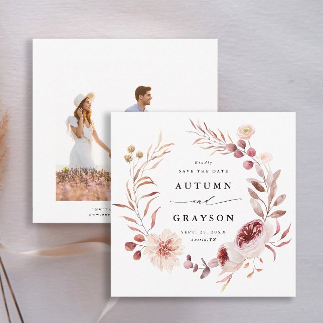 Reserve A Data Autumn Romance Floral Wreath Wedding Foto (Front & Back)