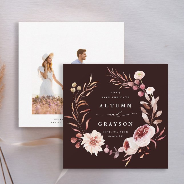 Reserve A Data Autumn Romance Floral Wreath Wedding Foto (Front & Back)