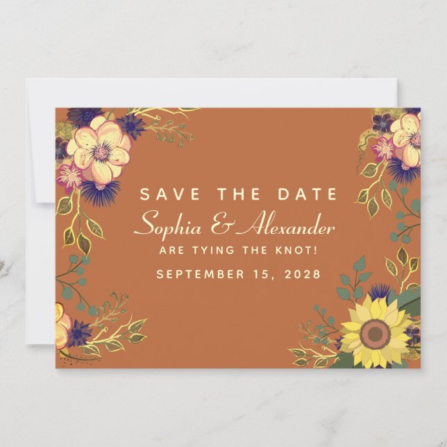 Reserve A Data Autumn Terracotta Dourado Casamento Floral (Frente)