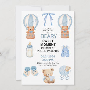 RESERVE A DATA AZUL CLARO BRANCO 5X7 CHUVA DE BEBÊ MENINO URSO