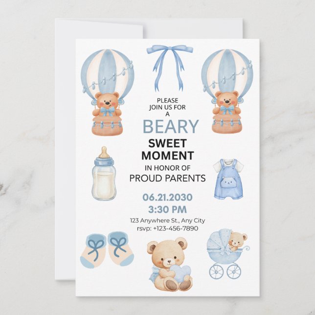 RESERVE A DATA AZUL CLARO BRANCO 5X7 CHUVA DE BEBÊ MENINO URSO (Frente)