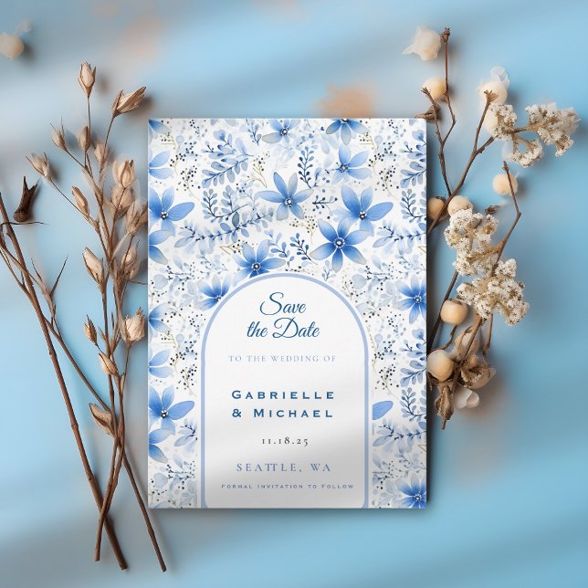 Reserve A Data Azul Delft Branco Padrão Floral Chinoiserie (Criador carregado)