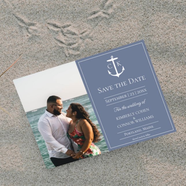 Reserve A Data Azul Desbotado Monograma Náutico Foto Salve a Data (Periwinkle Nautical Monogram Photo Save the Date)