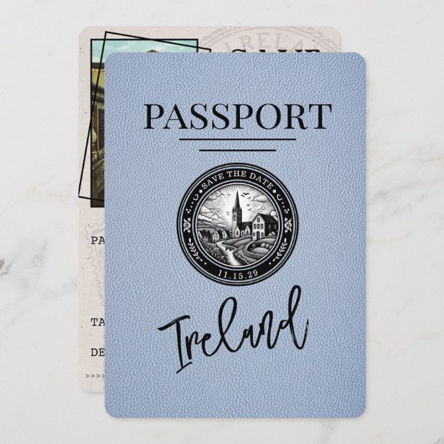 Reserve A Data Azul Desbotado Passaporte Irlanda Save The Date (Frente/Verso)