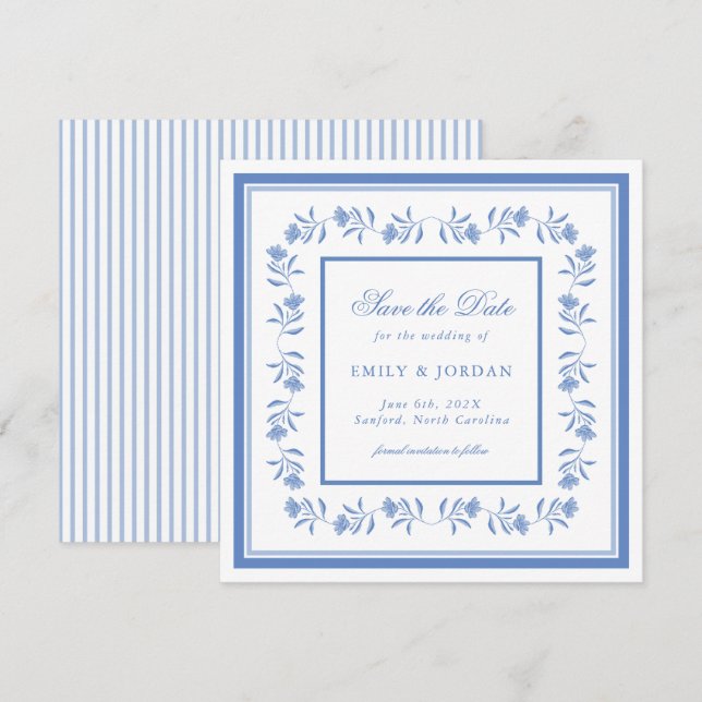 Reserve A Data Azul e Branco Save the Date Floral Chinesice (Frente/Verso)