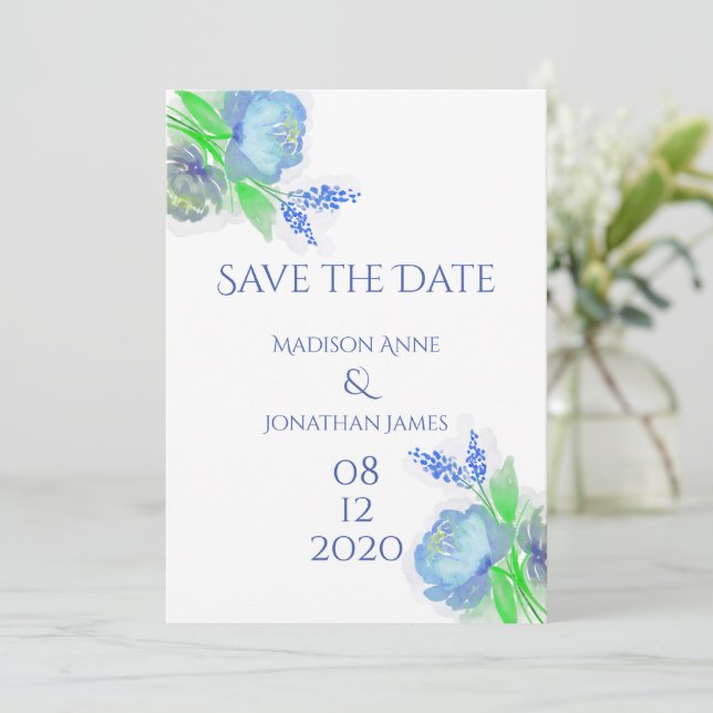 Reserve A Data Azul e Verde Floral Elegante Personalizado Bonito (Em pé/Frente)