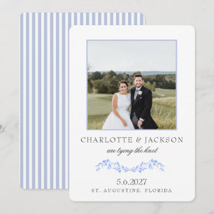 Reserve A Data Azul Empoeirado Elegante Clássico Floral Com Foto