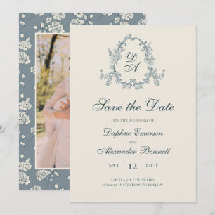 Reserve A Data Azul Floral Monogramado Vintage