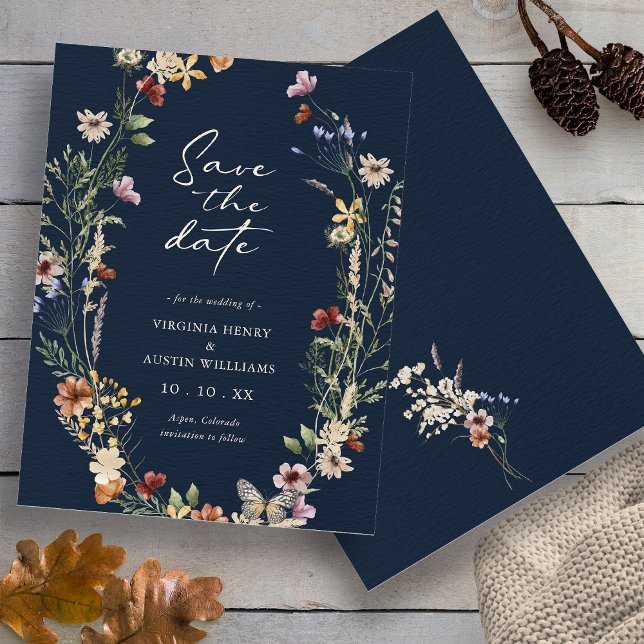 Reserve A Data Azul Marinho Boho Floral Salvar A Data (Navy Blue Wildflower Floral Boho Floral Save The Date with Butterfly by Painted Paperie
)