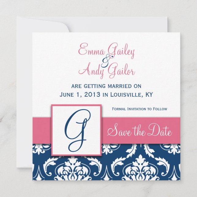 Reserve A Data Azul Marinho Damask Monograma G Save the Date Rosa (Frente)