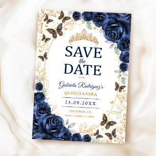 Reserve A Data Azul Marinho Dourado Floral Quinceanera