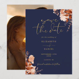 Reserve A Data Azul Marinho Dourado Floral Rústico Foto Casamento