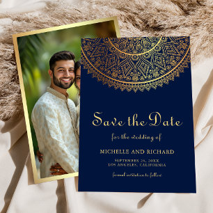 Reserve A Data Azul Marinho Dourado Mandala Casamento Indiano Fot