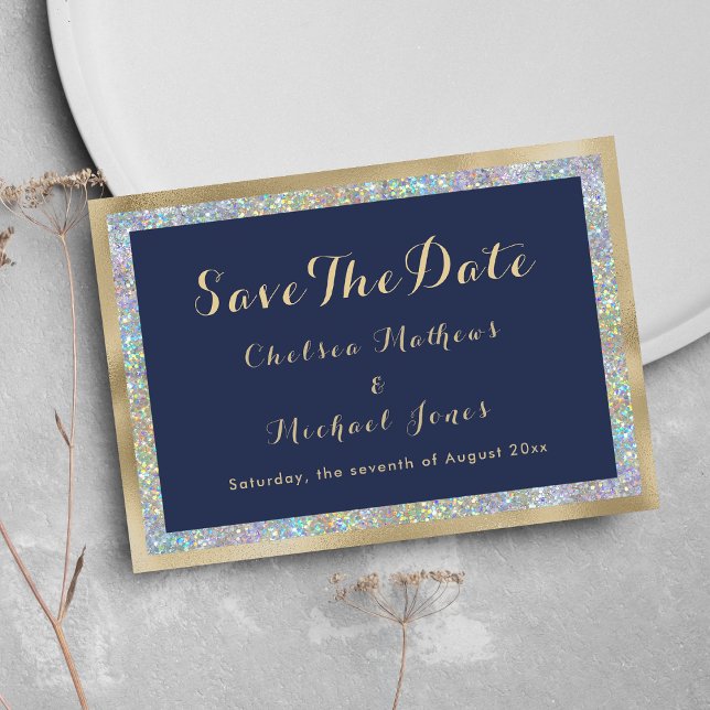 Reserve A Data Azul marinho dourado prateado holográfico Save The (Navy blue gold silver holographic Save The Date)