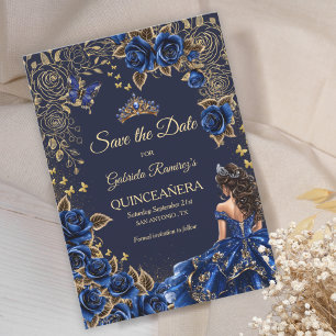 Reserve A Data Azul Marinho Dourado Tiara Rosas Quinceañera