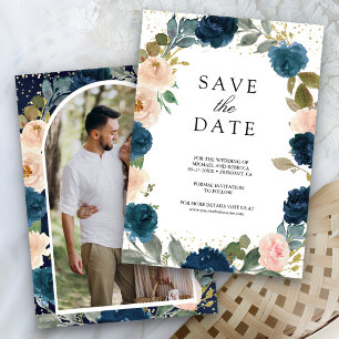 Reserve A Data Azul Marinho e Floral de Pêssego Foto Casamento