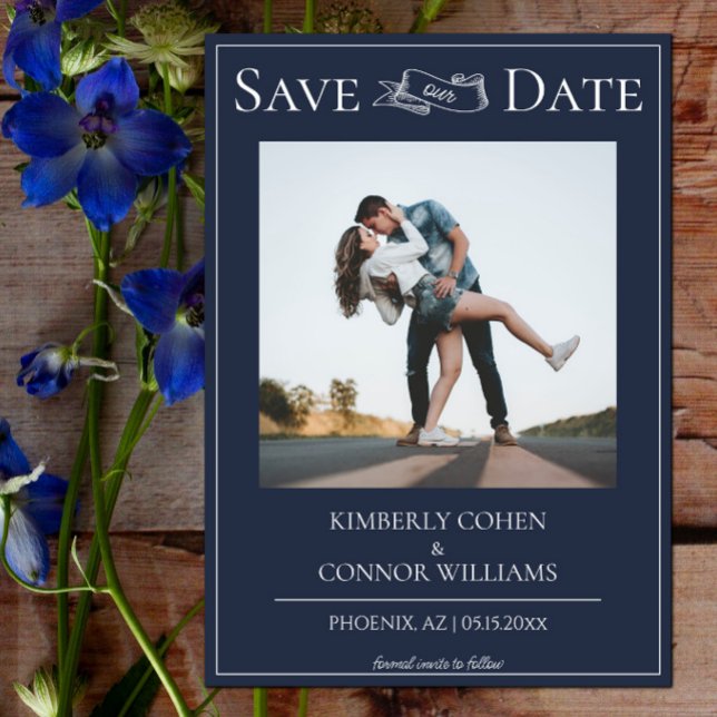 Reserve A Data Azul Marinho Moderno Foto Salvar Data (Navy Modern Photo Save the Date)