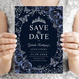 Reserve A Data Azul Marinho Prata Quinceanera Floral