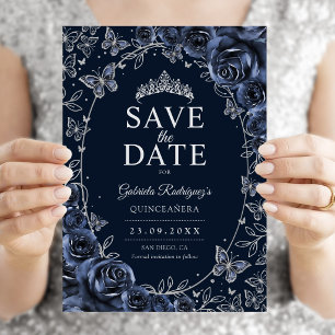 Reserve A Data Azul Marinho Prata Quinceanera Floral