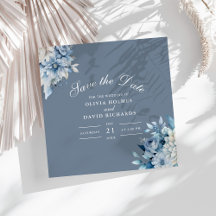 Azul Poeirento Floral Save the Date Elegante Horiz