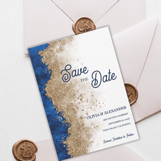 Reserve A Data Azul Real Dourado Abstrato Luxo Casamento Formal (Royal Blue Gold Save the Date Card Luxury Navy Blue Gold Wedding Save The Date )