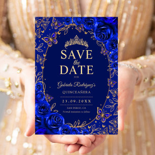 Reserve A Data Azul Real Dourado Floral Quinceanera