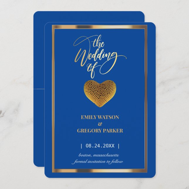 Reserve A Data Azul real elegante, casamento de quadro de ouro (Frente/Verso)