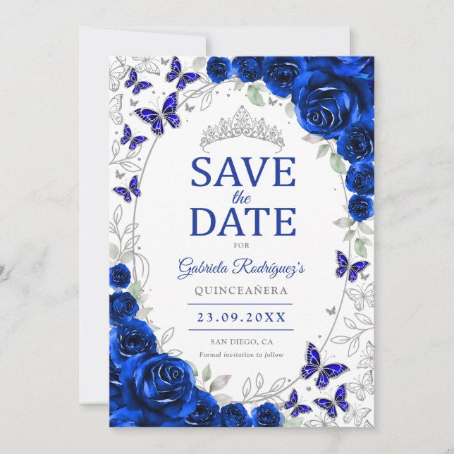 Reserve A Data Azul Real Floral de Prata Quinceanera (Frente)