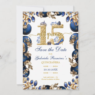 Reserve A Data Azul Real Floral Quinceañera Tiara Dourada