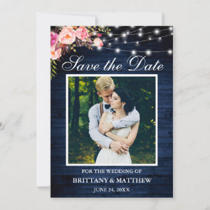 Reserve A Data Azul Rústico Madeira Aquarela Luzes Florais Rosa R