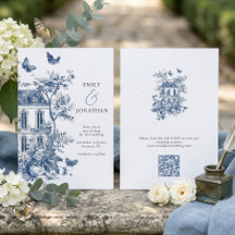 Azul Toile De Jouy QR Casamento Salvar a Data