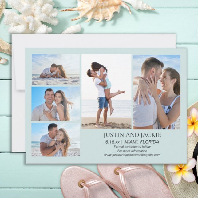 Reserve A Data Azul Tropical 5 Foto Casamento Salvar Data    (Tropical beach blue wedding photo Save the Date card)