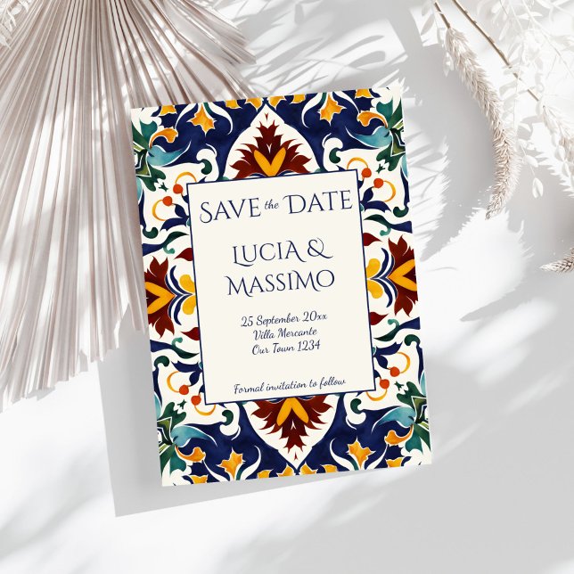 Reserve A Data Azulejo ornamentado do Mediterrâneo português azul (Azulejo blue Portuguese Mediterranean wedding ornate vintage bohemian tiles Save The Date)