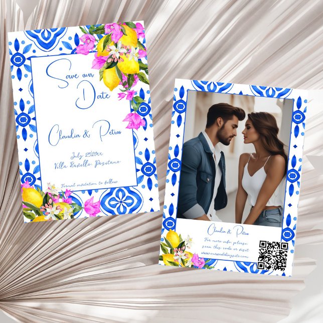 Reserve A Data Azulejos azuis Bougainvillea limões elegantes casa (Blue Tiles Bougainvillea lemons elegant wedding photo template Save The Date card Mediterranean)