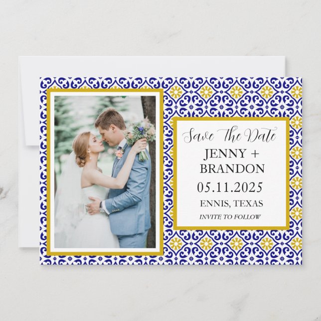 Reserve A Data Azulejos Portugueses Casamento de Foto Branco Azul (Frente)