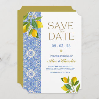 Reserve A Data Azulejos "Save the Date" e limões Mediterrâneo