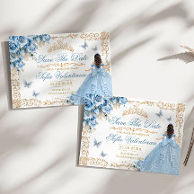 Baby Blue Dourado Floral Quinceanera