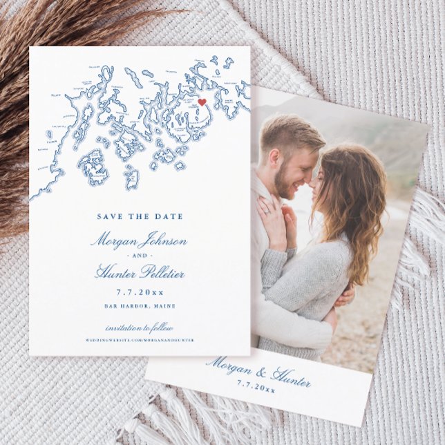 Reserve A Data Bar Harbour Maine Map Marinho Blue Photo (Bar Harbor Maine Map Elegant 5x7 Photo Save the Date in navy blue from Penobscot Bay Shop)