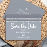 Reserve A Data Bar Mitzvah Bold Modern Cinza Silver Tallit Script<br><div class="desc">Certifique-se de que todos os seus amigos e parentes serão capazes de celebrar o marco Bar do seu filho Mitzvah! Envie este cartão de lançamento legal, exclusivo, moderno e personalizado "Salvar a Data". A tipografia branca e a preto, Star of David, e uma cinza suave e a lupa de prata...</div>