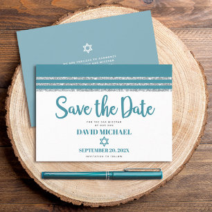 Reserve A Data Bar Mitzvah Moderno Negrito Azul Teal Prata Tallit