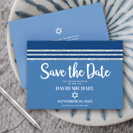 Reserve A Data Bar Mitzvah Moderno Ousado Talit Azul Prata Script