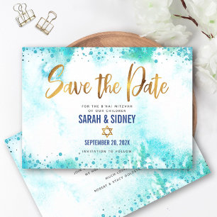 Reserve A Data Bar Mitzvah Turquesa Aquarela Dourado Script