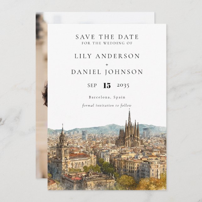 Reserve A Data Barcelona Skyline Watercolor Photo Wedding (Frente/Verso)
