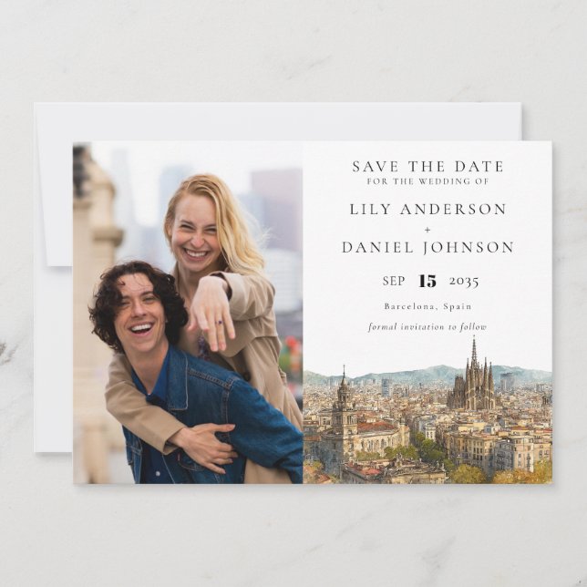 Reserve A Data Barcelona Skyline Watercolor Photo Wedding (Frente)
