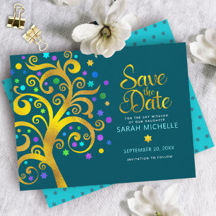 Reserve A Data Bat Mitzvah Dourado e Azul Folhado Árvore da Vida 