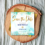 Reserve A Data Bat Mitzvah Girly Turquoise Watercolor & Gold Foil<br><div class="desc">Make sure all your friends and relatives will be able to celebrate your daughter’s milestone Bat Mitzvah! Send out this stunning, modern, sparkly gold faux foil and glitter dots and typography script against a turquoise blue watercolor background, personalized “Save the Date” announcement card. Faux gold foil with a white Star...</div>