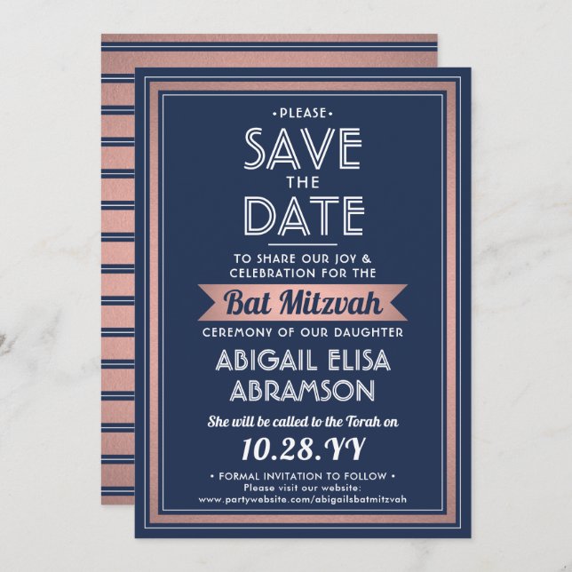 Reserve A Data Bat Mitzvah Marinho Moderno Cor Azul Rosa Dourada  (Frente/Verso)