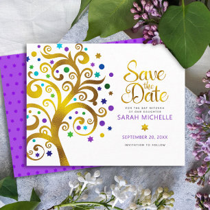 Reserve A Data Bat Mitzvah Moderno Ousado Roxo Dourado Árvore da