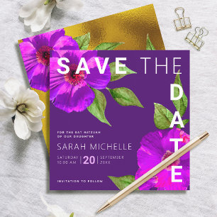 Reserve A Data Bat Mitzvah Moderno Roxo Rosa Floral Aquarela
